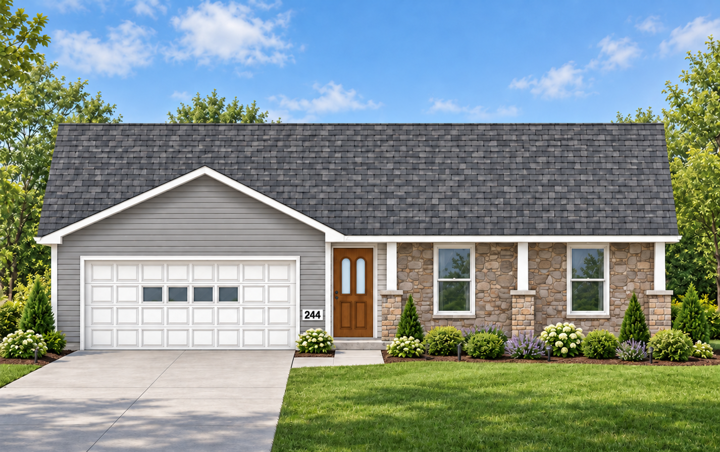 232 Allison Lane, a ranch-style new home with brick accents and a two-car garage in Whispering Meadows, La Porte