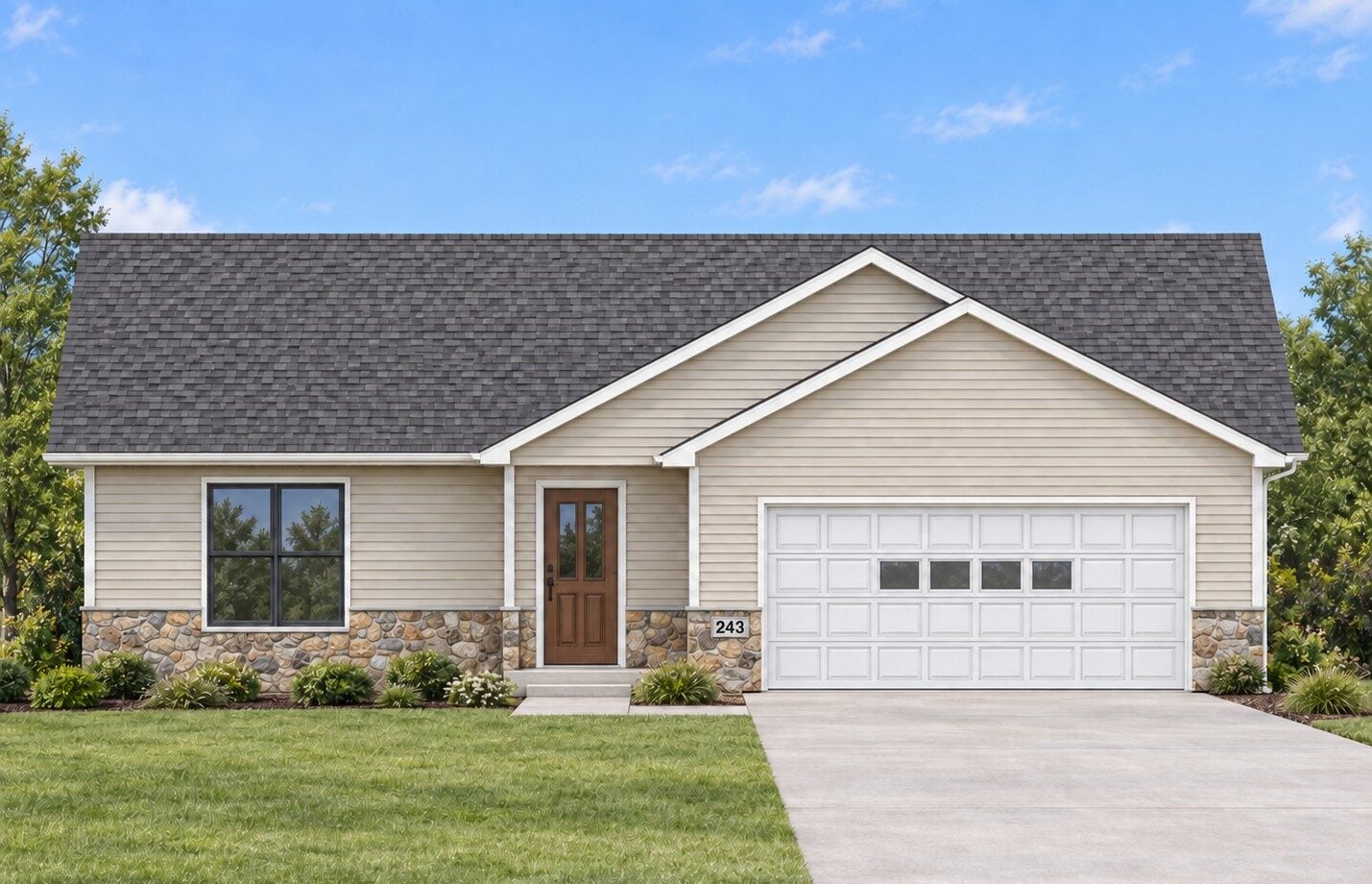 Rendering of 243 Allison Lane, a ranch-style new home with stone accents in Whispering Meadows, La Porte