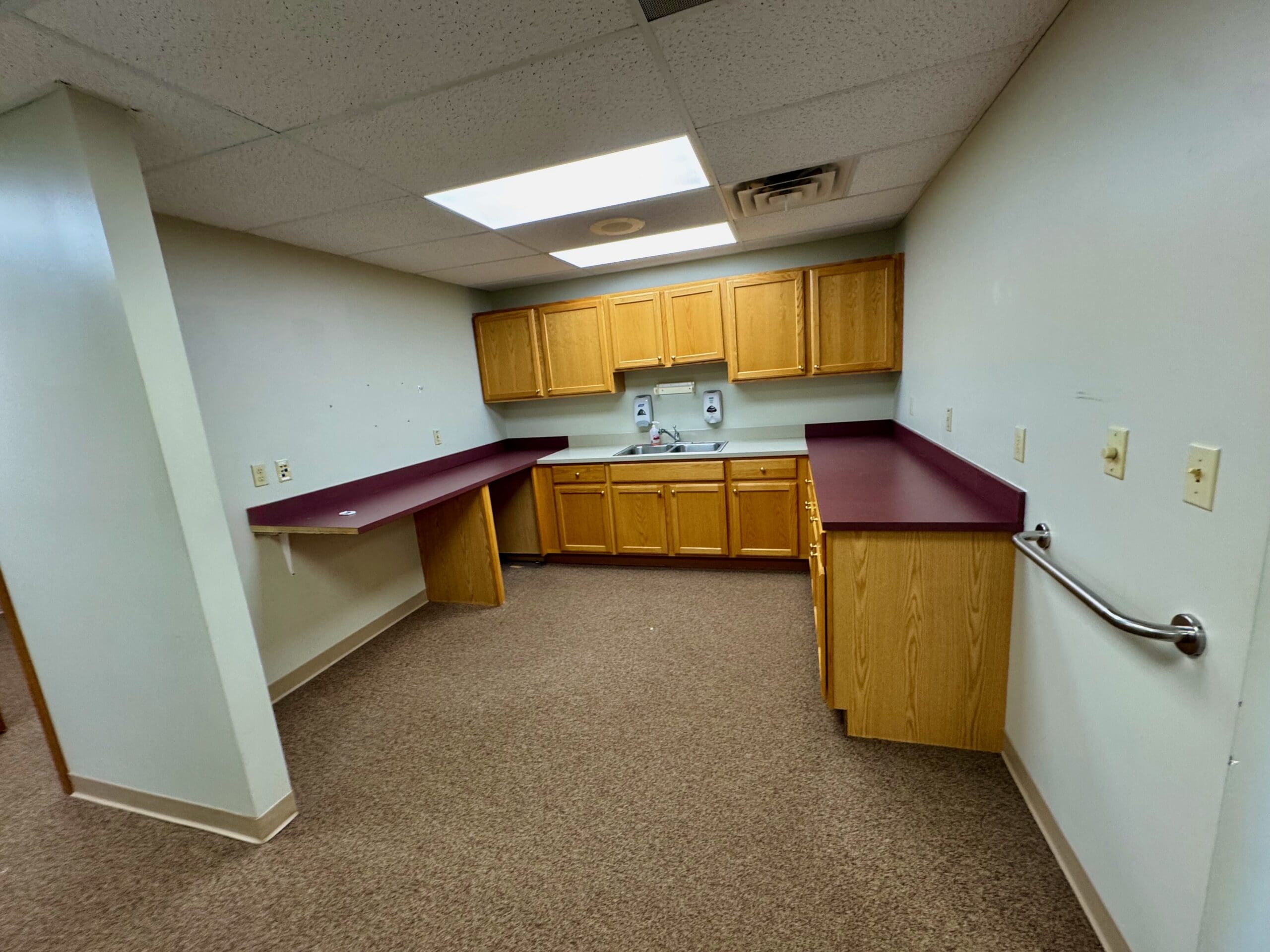 Nurses' station and lab area with built-in counters in a La Porte medical office for lease