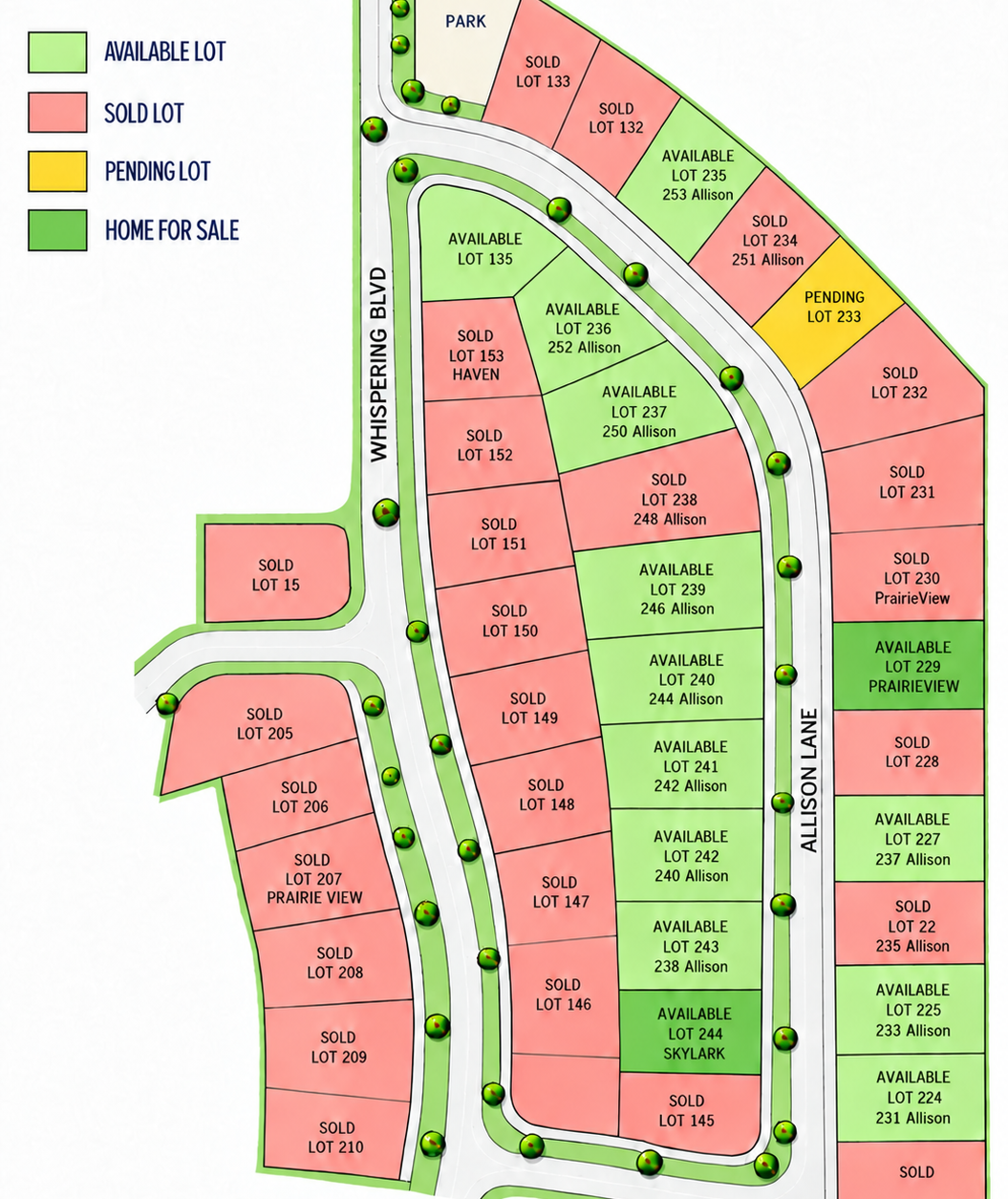 Whispering Meadows lot map showing available, sold, and pending homesites along Whispering Blvd and Allison Lane