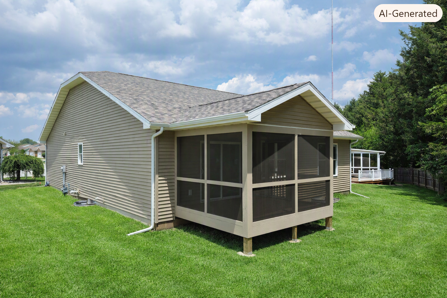 Rendering of the screened back porch at 74 Prince William Court, a new home in Whispering Meadows, La Porte