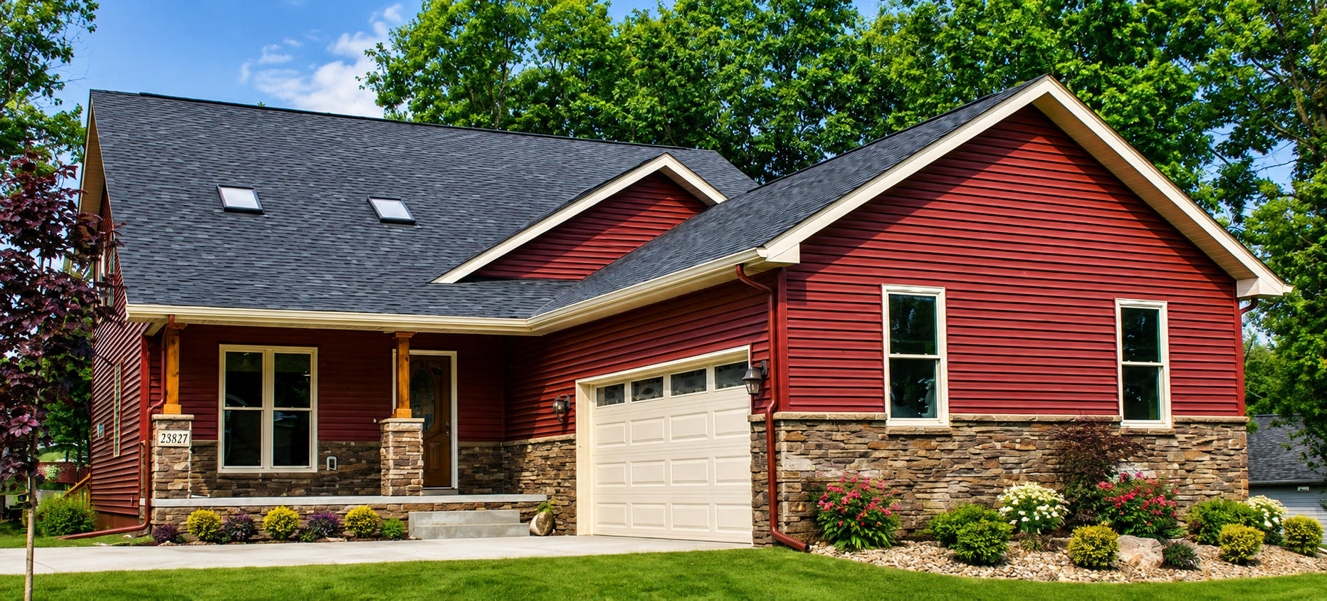 Custom home with red siding, stone accents, and attached garage